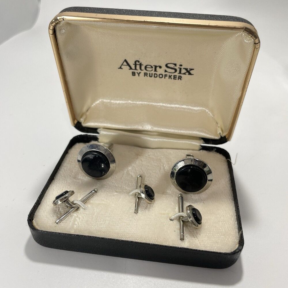 Vtg After Six By Rudofker Silver Black Men’s Formal Classic Cufflink Stud Set